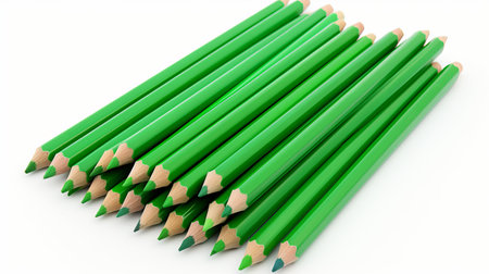 Set of vibrant green pencils with sleek white outer layer on clean white backgroundの素材