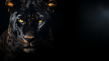 Front view of powerful panther on dark background, wild animals banner with copy space.の素材