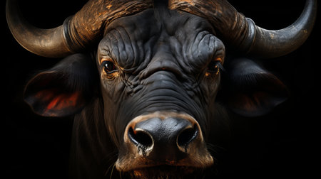 Majestic african buffalo standing proudly, isolated on a captivating black backgroundの素材