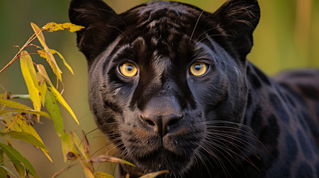 Powerful front view of a panther, stunning wildlife photography capturing its majestic beauty.の素材