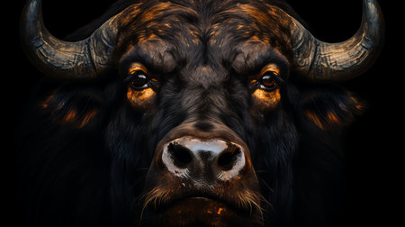 Majestic african buffalo close up portrait isolated on black backgroundの素材
