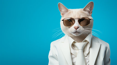 stylish cat in sunglasses and suit with tie, isolated on blue background   copy space on left sideの素材