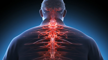 Detailed medical illustration of male anatomy with inflamed lumbar spine and associated pathologiesの素材