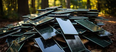 Stack of broken solar panels at the end of their life cycle   renewable energy hardwareの素材
