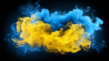 Abstract yellow and blue smoke on black background with swirl, ukrainian flag conceptの素材
