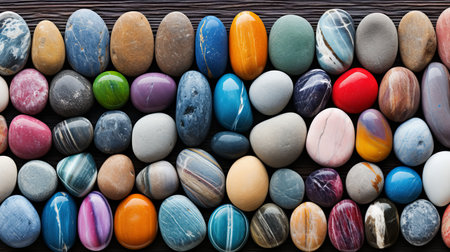 Vibrant spectrum of colorful rocks and pebbles, perfect for abstract backgrounds.の素材