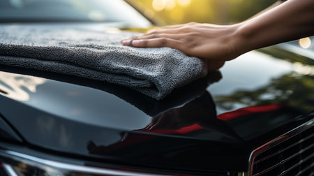Man meticulously cleaning black car with microfiber cloth, car detailing concept emphasized.の素材