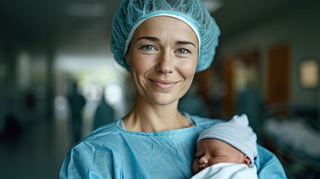 Nurse tenderly holding day old newborn baby, exuding genuine emotions of nurturing and careの素材