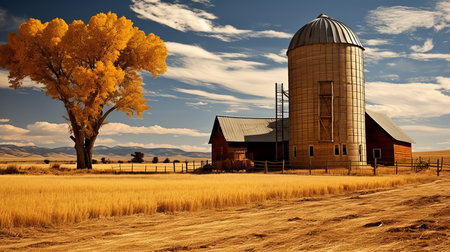Idyllic rural farm landscape with traditional granary in the golden glow of a sunlit dayの素材