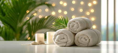 Soothing spa atmosphere with beauty treatments, herbal bags, and plush towels in a serene settingの素材