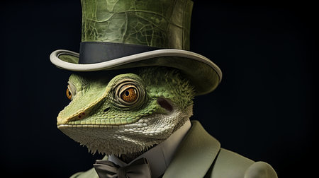 Colorful chameleon wearing a matching hat in wide format for nature lovers and animal enthusiastsの素材