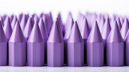 Assorted vibrant purple colored pencils with sleek white outer layer on pristine white backgroundの素材