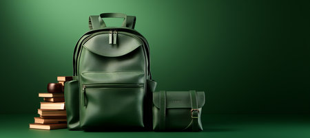 School backpack with books on green backgroundback to school concept with copy space for text.の素材