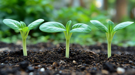 Lush young seedlings growing in nutrient rich soil of a vibrant garden environmentの素材