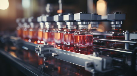 Beverage factory interior with juice bottles on conveyor belt, modern equipmentの素材