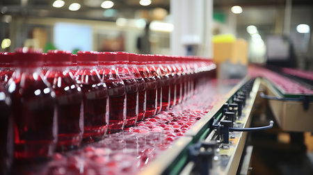 Modern beverage factory interior with automated conveyor belt system transporting juice bottlesの素材