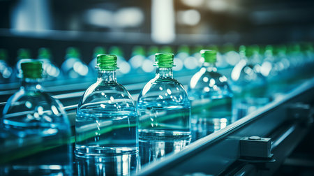 Water pet bottles on conveyor belt in beverage factory  modern interior equipmentの素材