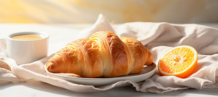 Morning sunlight bathes breakfast spread with blurred background and space for text placementの素材