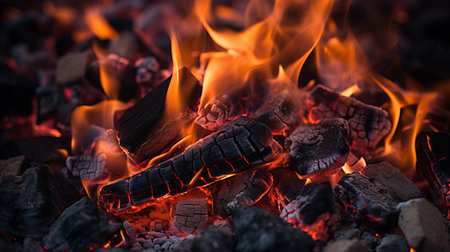 Close up of crackling fireplace with vibrant flames and glowing embers, illuminated by warm light.の素材