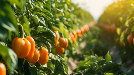 Lush and colorful bell paprika harvest growing on an open plantation on a beautiful summer day.の素材