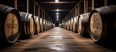 Aging facility with rows of whiskey, bourbon, and scotch barrels in a dimly lit warehouseの素材