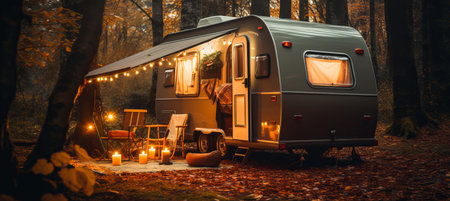 Cozy trailer home in forest camping site with fall table set, family travel concept on camper.の素材