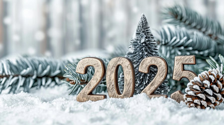 Golden metallic symbol of year 2025 isolated on white background with copy space for text placementの素材