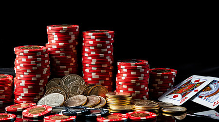 Stack of casino chips and deck of playing cards for gambling and entertainmentの素材