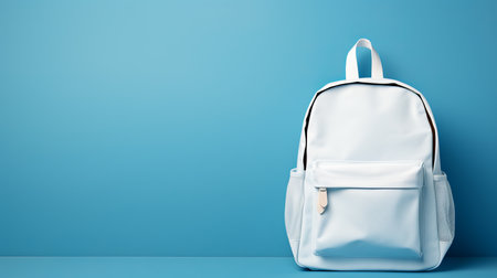 Back to school backpack with books on vibrant blue background, offering copy space.の素材