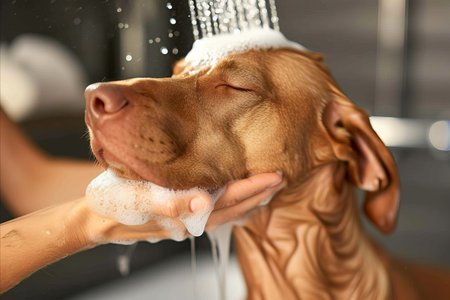 Playful hungarian vizsla dog showering with shampoo in grooming salon, enjoying bath timeの素材