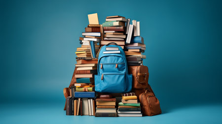 Back to school concept  school backpack with books isolated on blue background with copy space.の素材