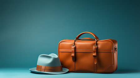 Traveler with blue suitcase on holiday journey, vacation trip, with copy space for text placementの素材