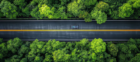 Aerial view of car driving on rural road through rainforest with vibrant green tree canopyの素材