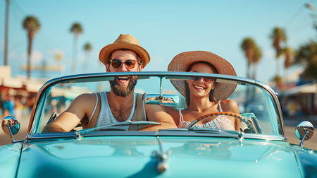 Cheerful young couple enjoying a summer road trip in a convertible car through the city streetsの素材