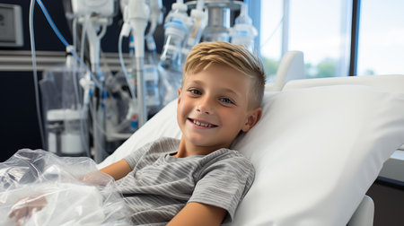 Cheerful child patient lying on hospital bed with white bedding and copy space for textの素材