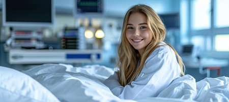 Serene woman in patient gown on hospital bed, with spacious area for text placementの素材