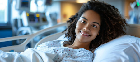 Cheerful woman in patient gown resting on hospital bed with space for text placementの素材