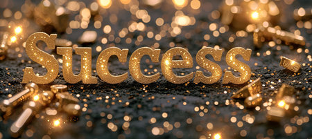 Success  in golden text on a magical bokeh sparkles background   elegant postcard designの素材