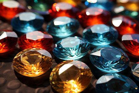 Vibrant gemstones on sparkling jewelry in bright light capturing brilliant colors and reflectionsの素材