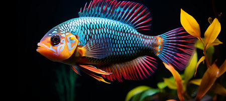Vibrant fish in lit aquarium  close up of colorful fish with intricate scales in a bright tank.の素材