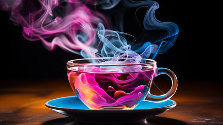 Richly colored tea cup closeup with delicate rising vapors, exuding warmth and comfortの素材