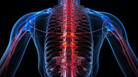 Detailed medical illustration  inflamed male lumbar spine   visible inflammation and pain.の素材