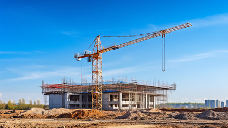 House construction process  crane and building site against clear blue skyの素材