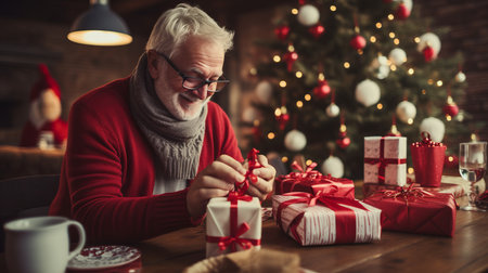 Eager man eagerly unwrapping a parcel with sheer delight and a wide smile on his faceの素材