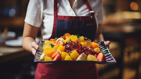 Woman waiter serving snacks at a coffee break during a business event or partyの素材
