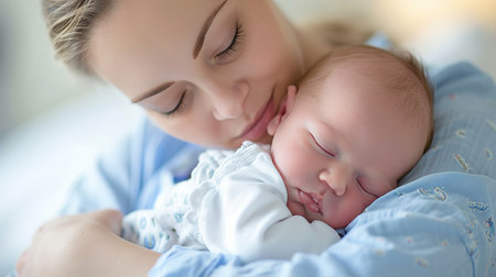 Experienced nurse gently cradling a day old infant, displaying genuine emotions of nurture and careの素材