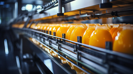 Modern beverage factory interior with conveyor system for juice bottlingの素材