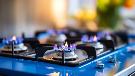 Blue gas stove flame burning in modern kitchen with black cast iron frameの素材