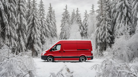 Winter delivery van driving through snowy forest, with snow covered trees and serene atmosphereの素材
