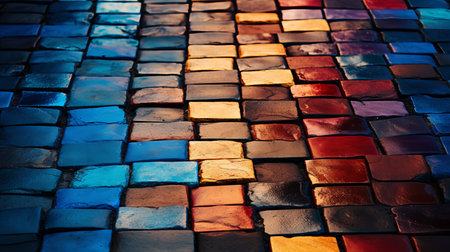 Colorful mosaic sidewalk with vibrant shadows  abstract texture of city street pavementの素材